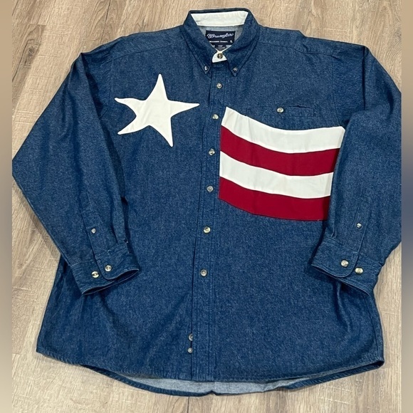 Men’s Large Wrangler Chambray Denim Western USA America Flag Vintage VTG Shirt - Picture 2 of 12